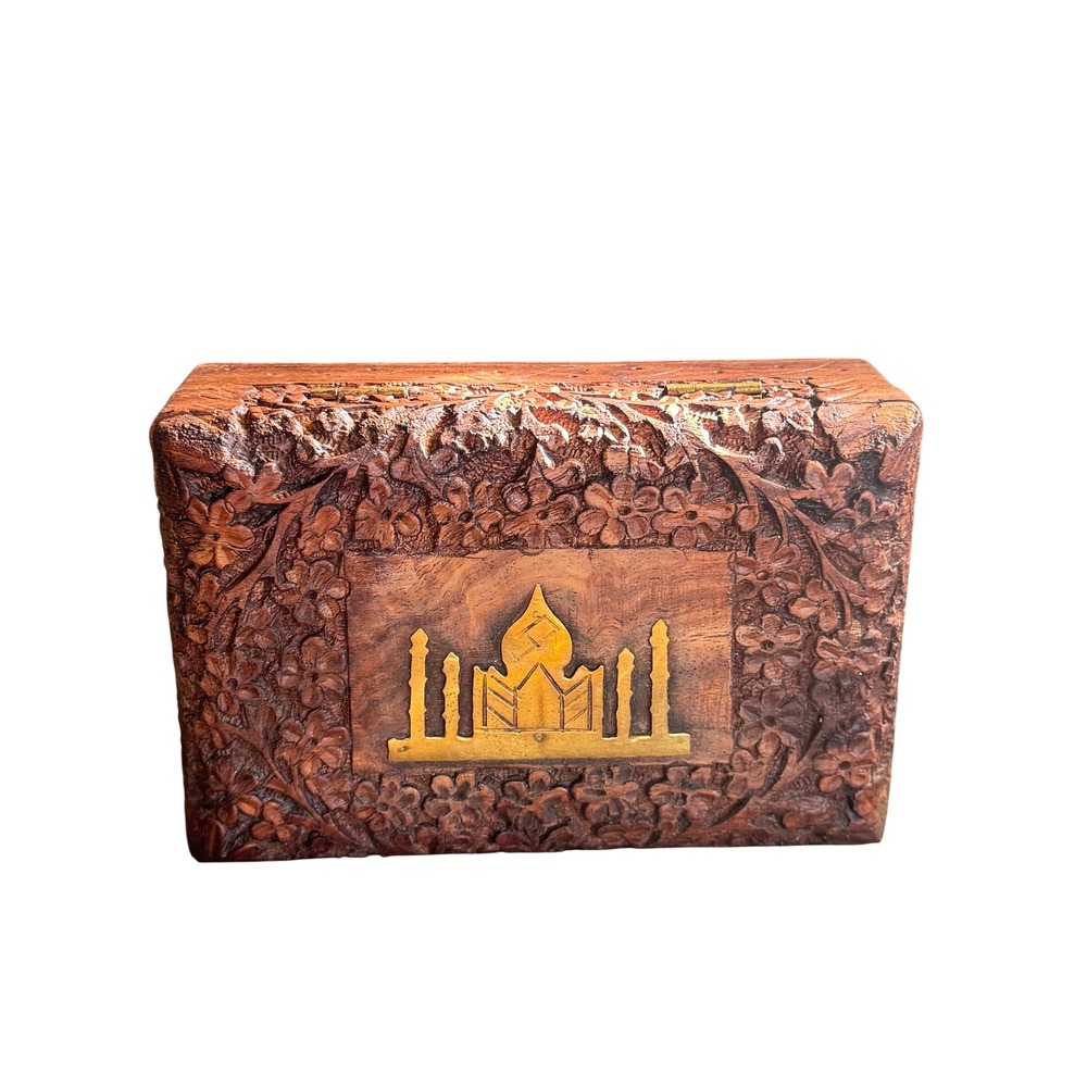 Vintage Hand Carved Wood Trinket Box Brass Taj Mahal Inlay Floral Rosewood